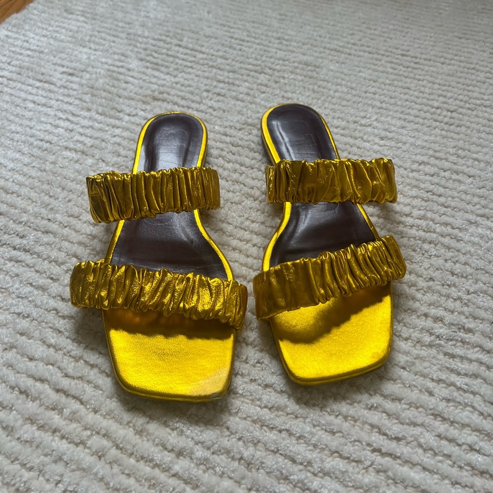 Staud Maya Ruched Sandals in Gold, size 39